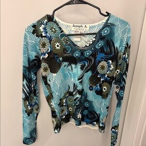 Joseph A Women's Teal and Black Patterned Long Sleeve Top